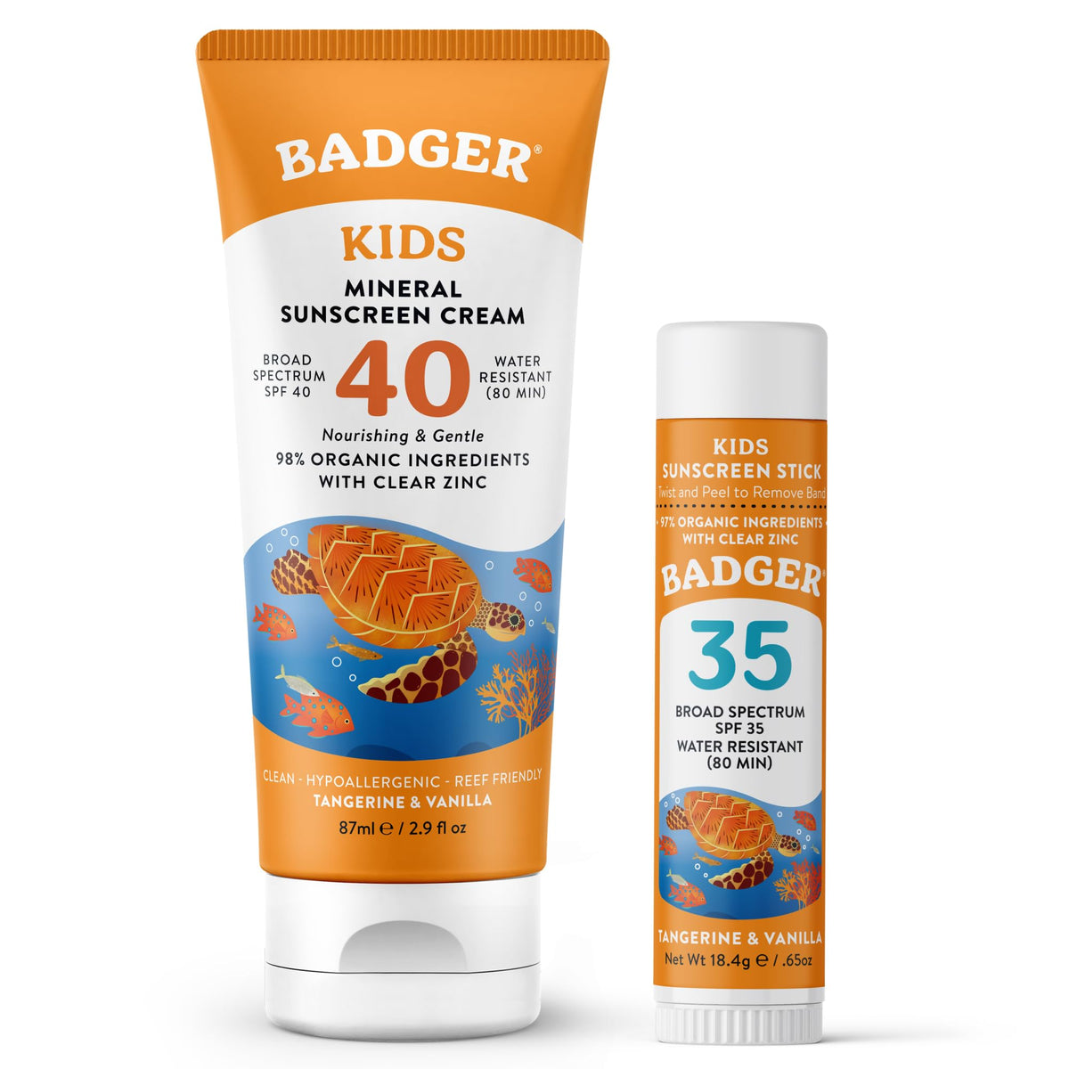 Badger packaging frontal del set mostrando crema y stick con protección completa