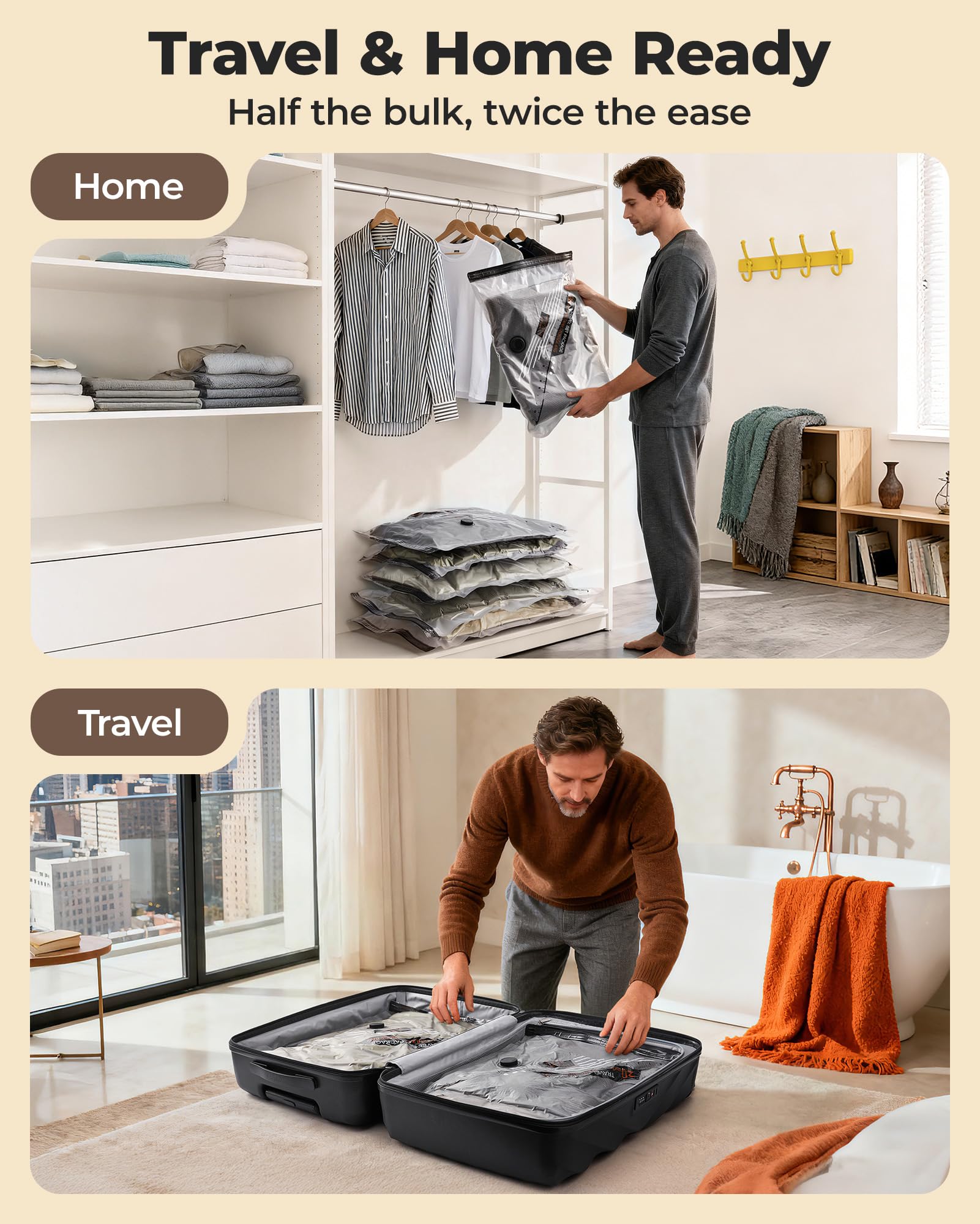 BAGSMART comparación de tamaño con chaqueta y suéter mostrando reducción de volumen