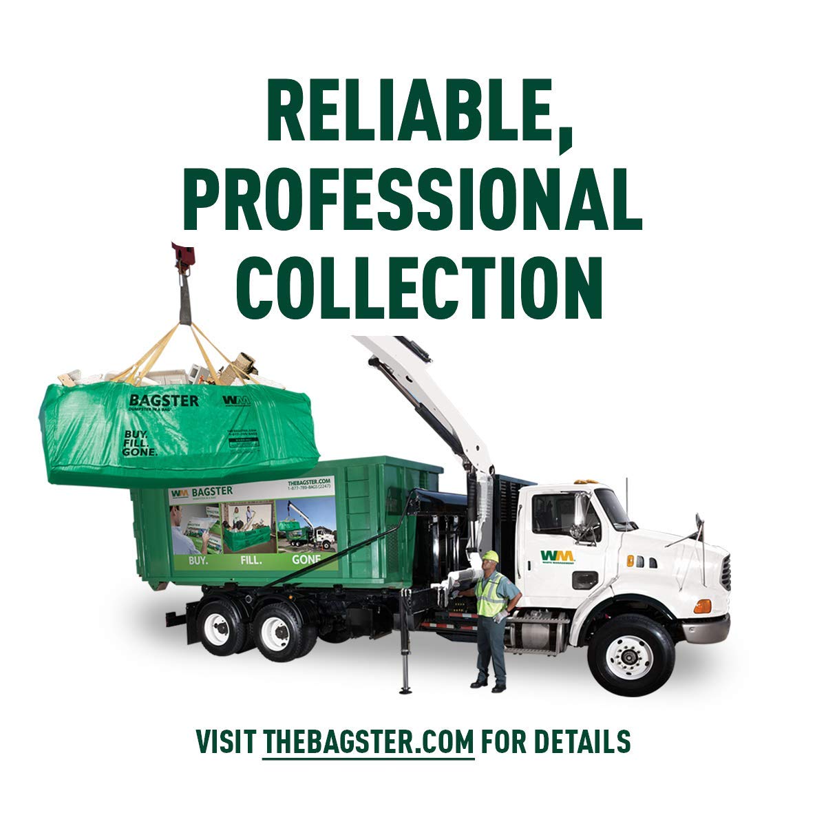 WM Waste Management saco BAGSTER lleno en obra demostrando almacenamiento seguro de residuos