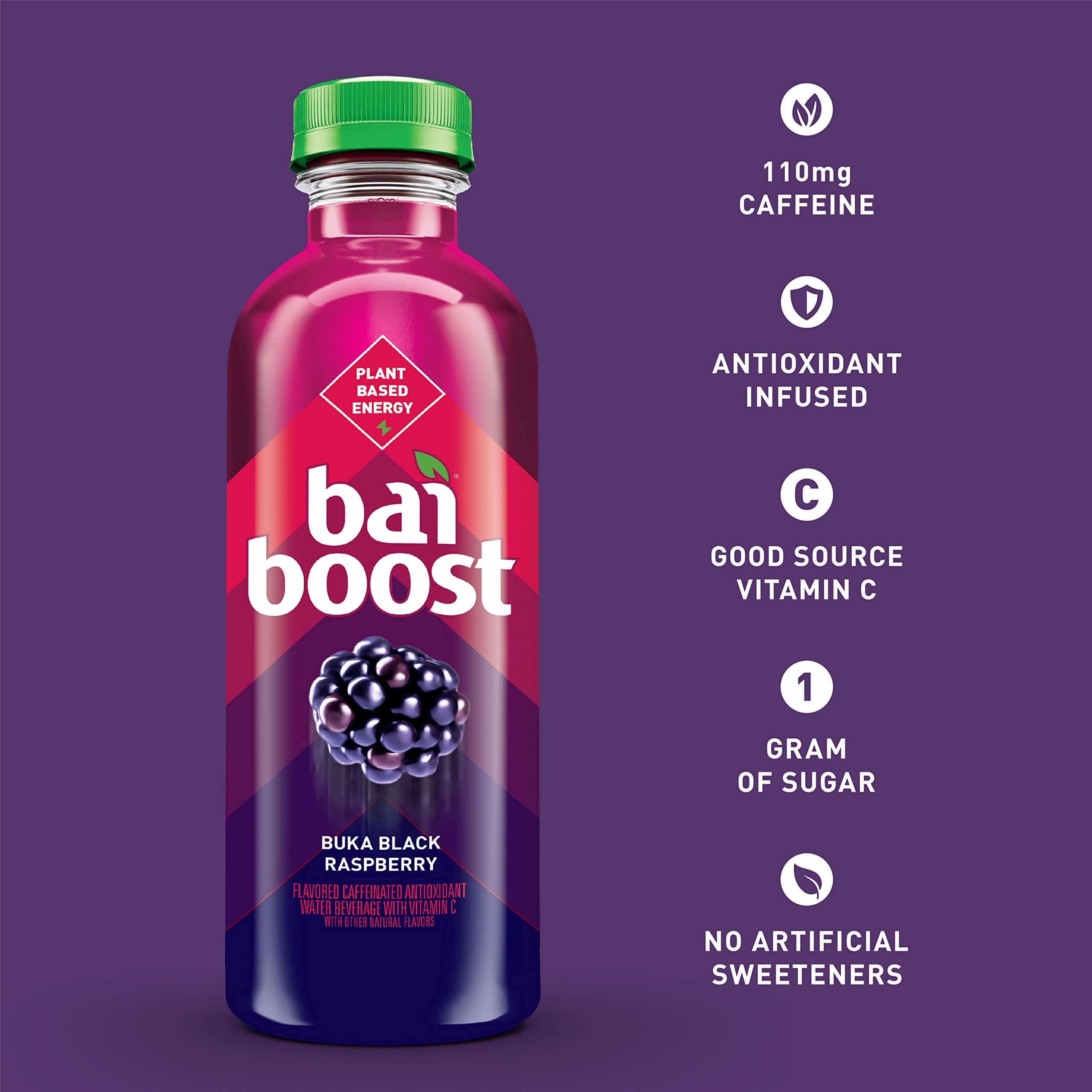 Comparación de tamaño de la botella Bai Boost junto a un vaso para escala