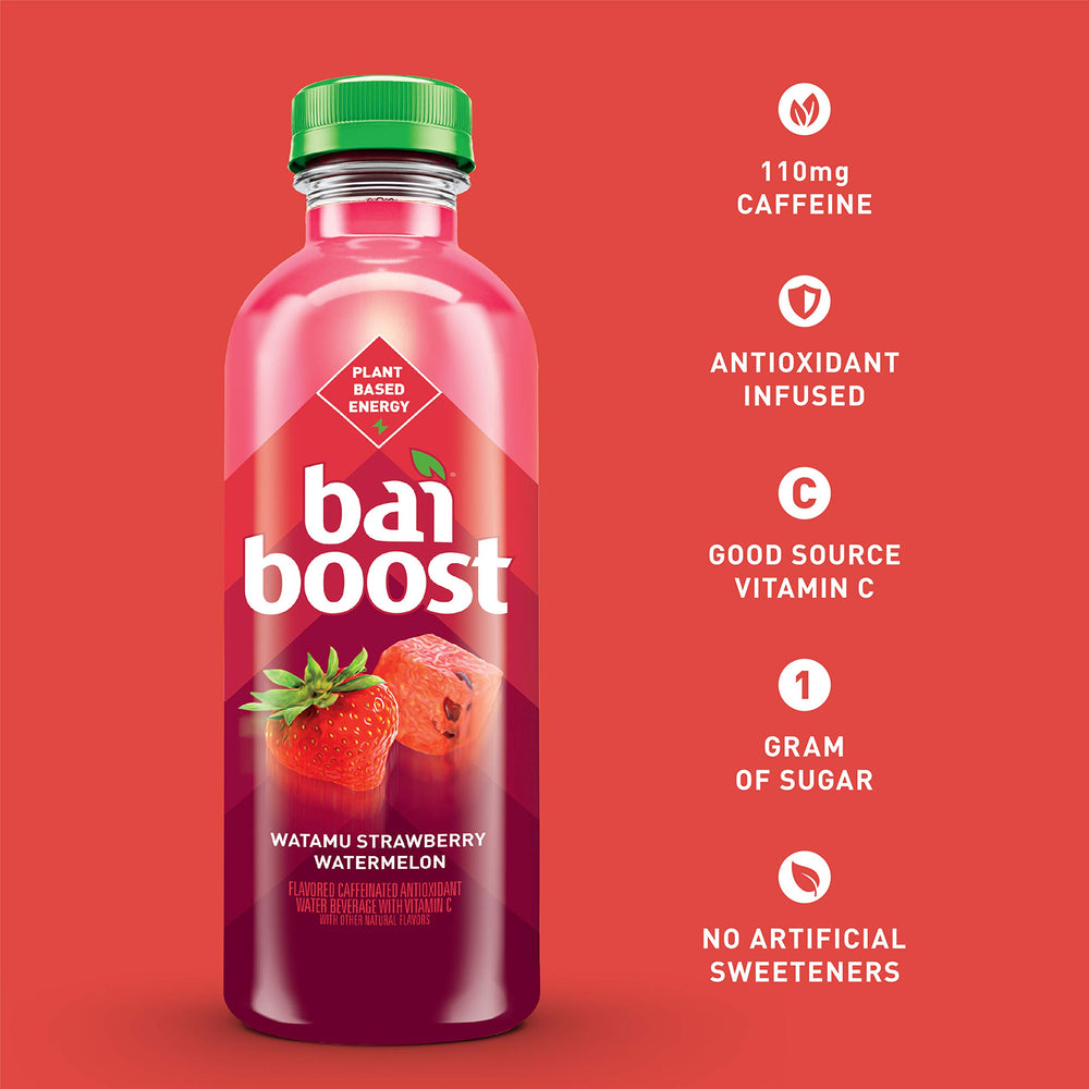 Etiqueta nutricional de Bai mostrando cafeína, azúcar y vitamina C clara