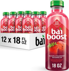 Bai botella frontal mostrando etiqueta Watamu Strawberry Watermelon y atractivo visual