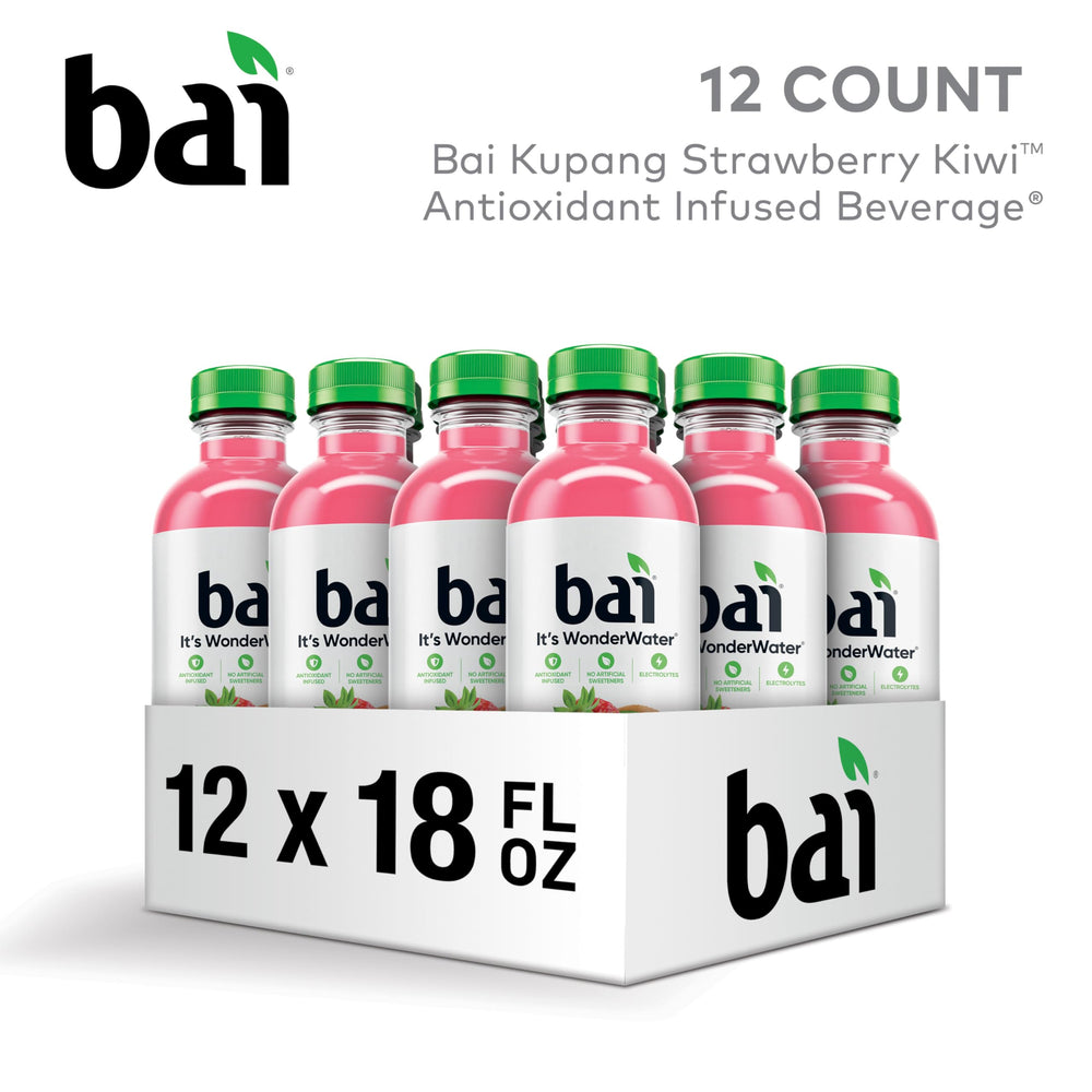 Bai bottle close-up label highlighting ingredients and low sugar benefit