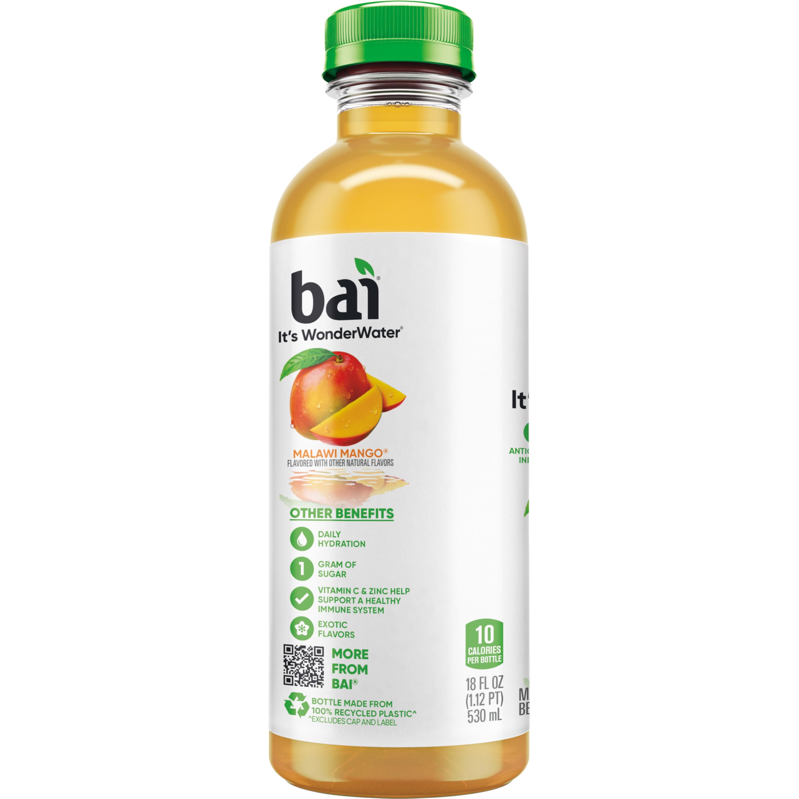 Detalle de la etiqueta Bai Malawi Mango resaltando antioxidantes y vitaminas