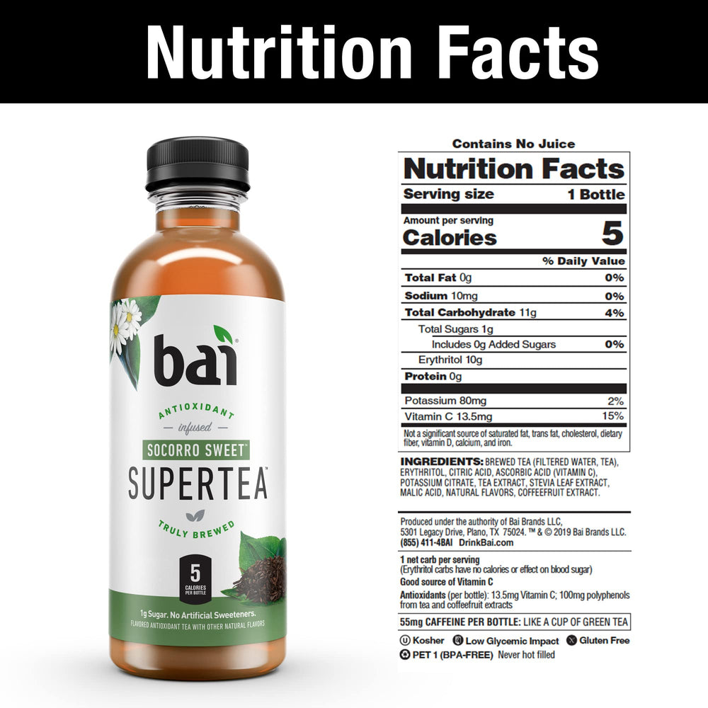 Bai Socorro Sweet etiqueta en detalle señalando té real y ingredientes