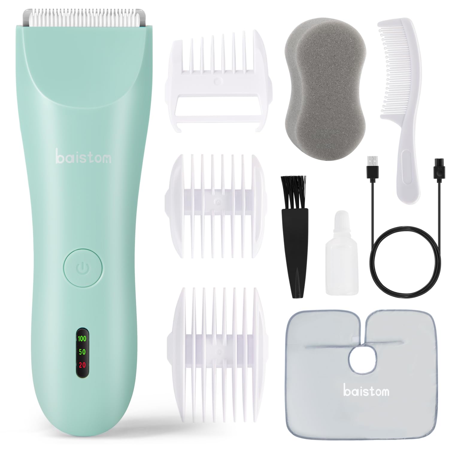 Baistom used by parent trimming child's hair in living room showing calm haircut benefit