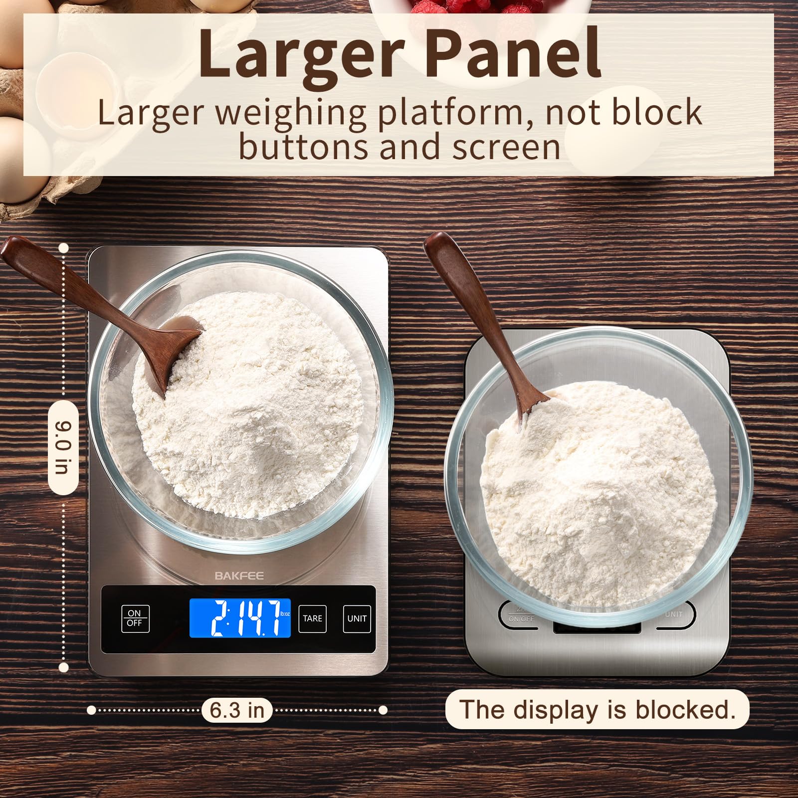 BakFee pantalla iluminada mostrando peso preciso para lectura rápida