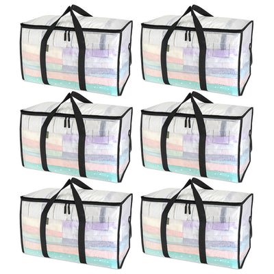 BALEINE front view of six clear oversized moving bags showing capacity and visibility