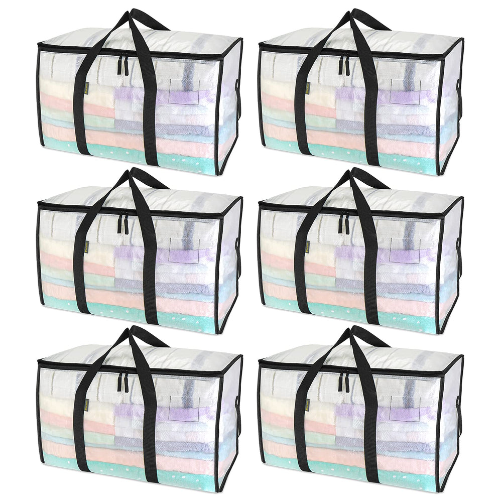 BALEINE front view of six clear oversized moving bags showing capacity and visibility