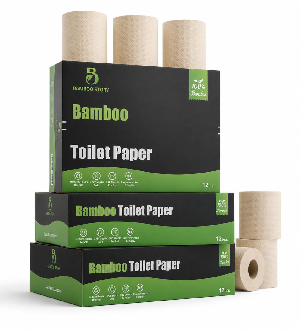 Bamboo Story frente del paquete mostrando rollos y beneficio ecológico