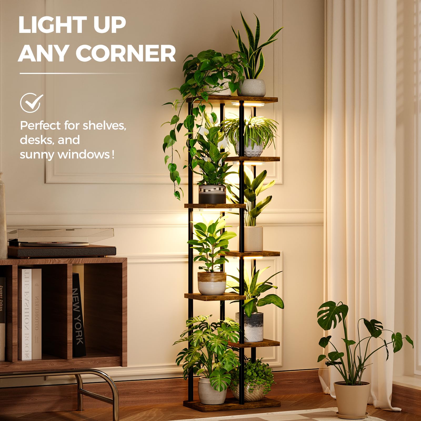 Bamworld soporte colocado en esquina con varias plantas optimizando espacio