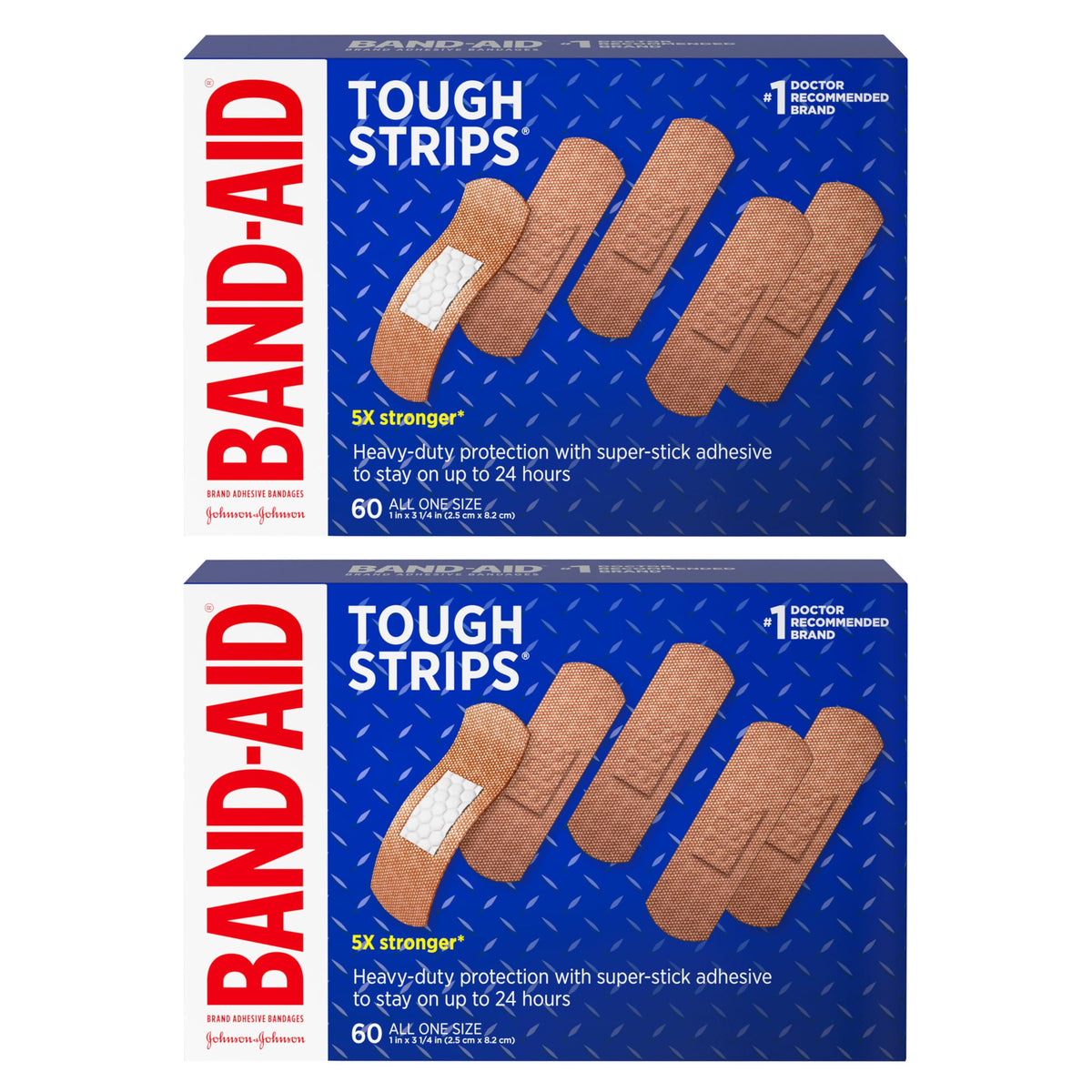 Band-Aid empaque frontal twin pack mostrando 60 tiras y ventaja duradera
