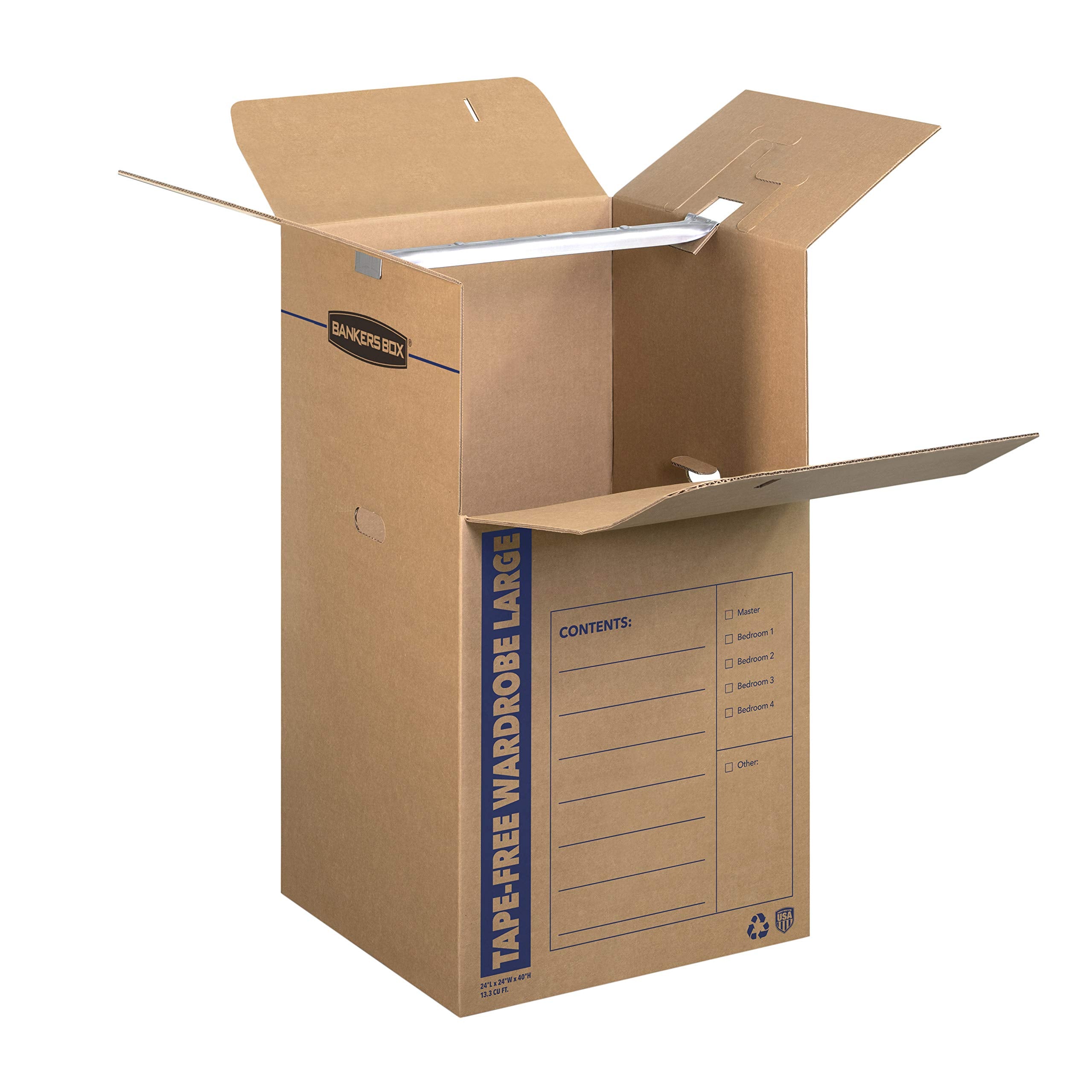 Bankers Box with clothing in box showing wrinkle-free hanging during relocation