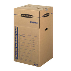 Bankers Box front packaging showing three wardrobe boxes and benefit of ready-to-use setup