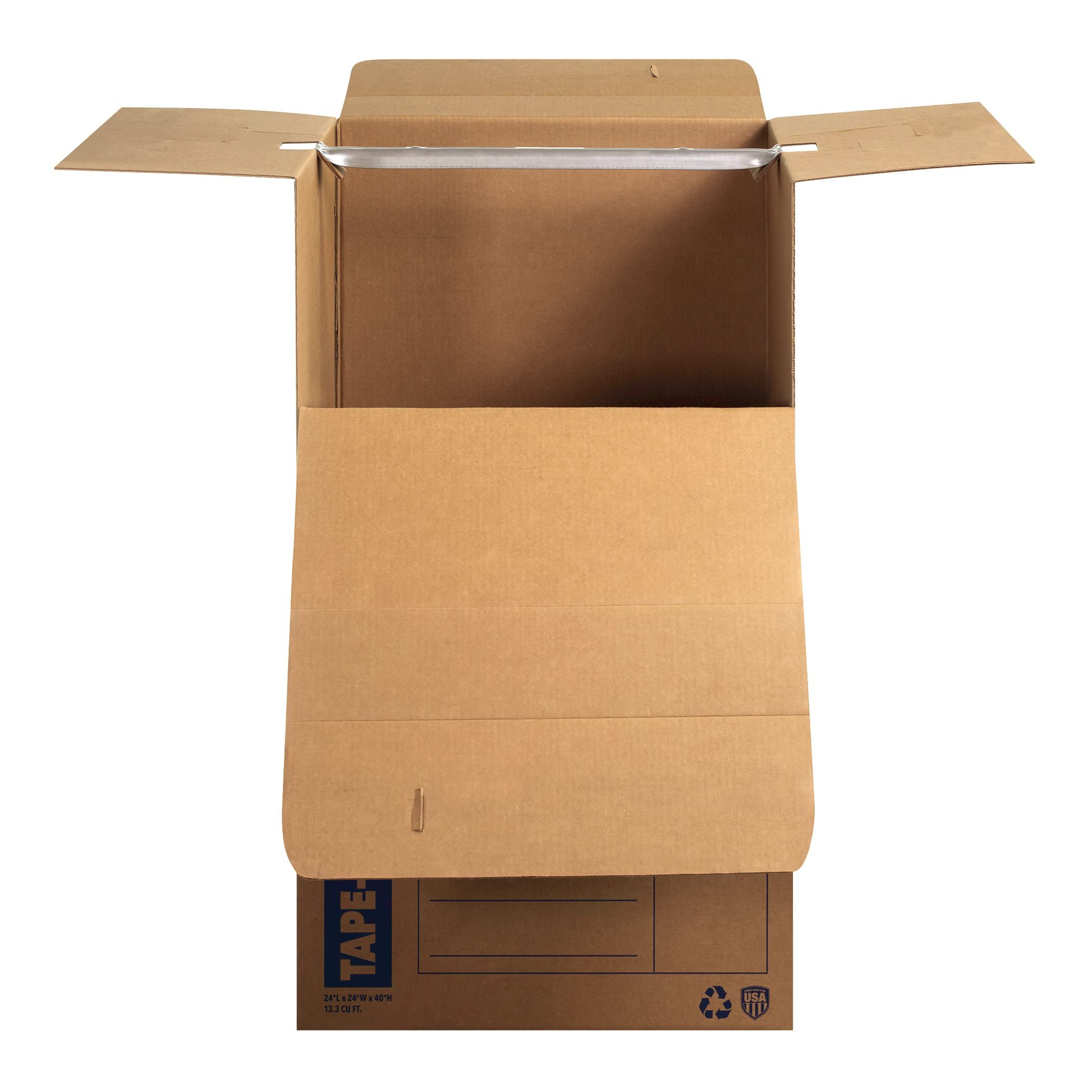 Bankers Box size comparison with person showing 24x24x40 scale for wardrobe capacity