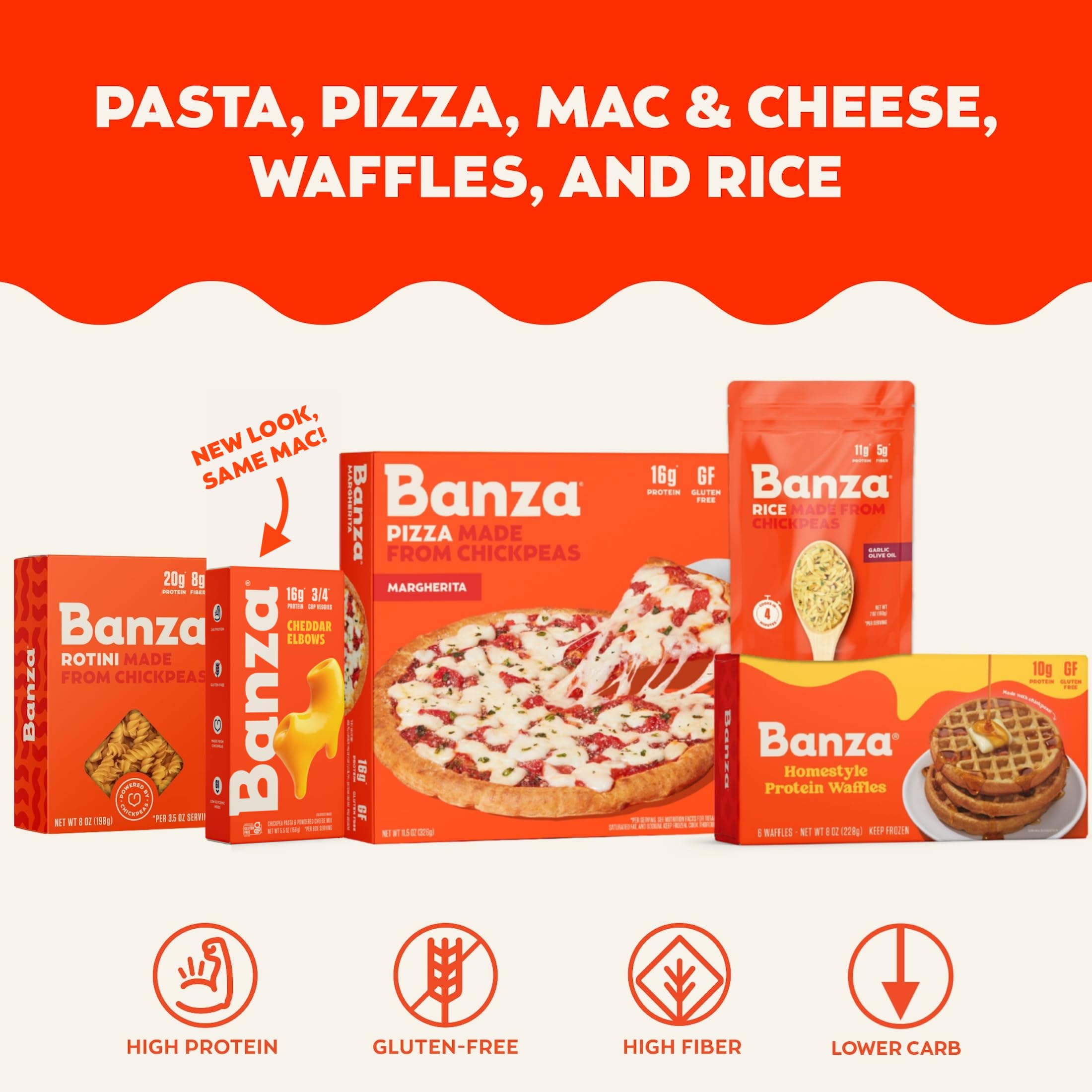 Banza box label close-up showing nutrition facts and high fiber benefit