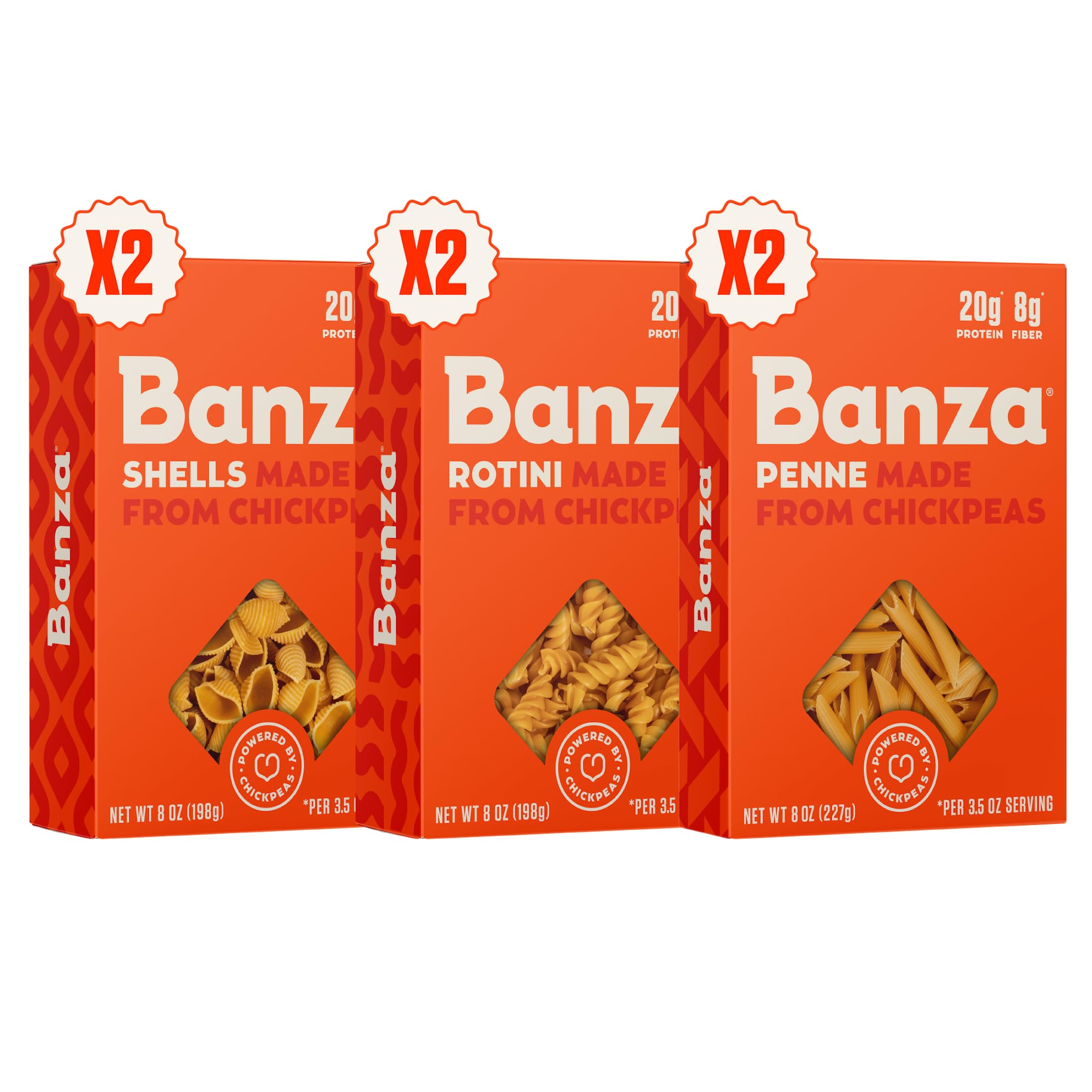Banza front packaging variety pack showing multiple pasta shapes and bright orange box benefits