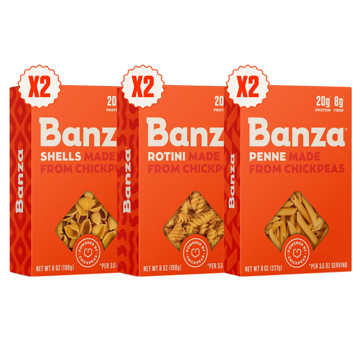 Banza front packaging variety pack showing multiple pasta shapes and bright orange box benefits