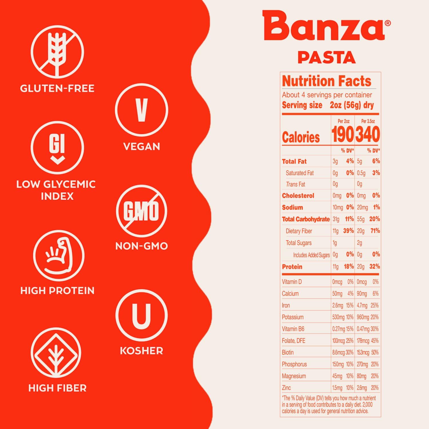 Banza rotini tossed with vegetables lifestyle image showing brand and family-friendly appeal