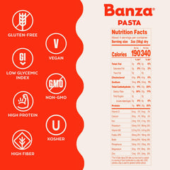 Banza rotini tossed with vegetables lifestyle image showing brand and family-friendly appeal