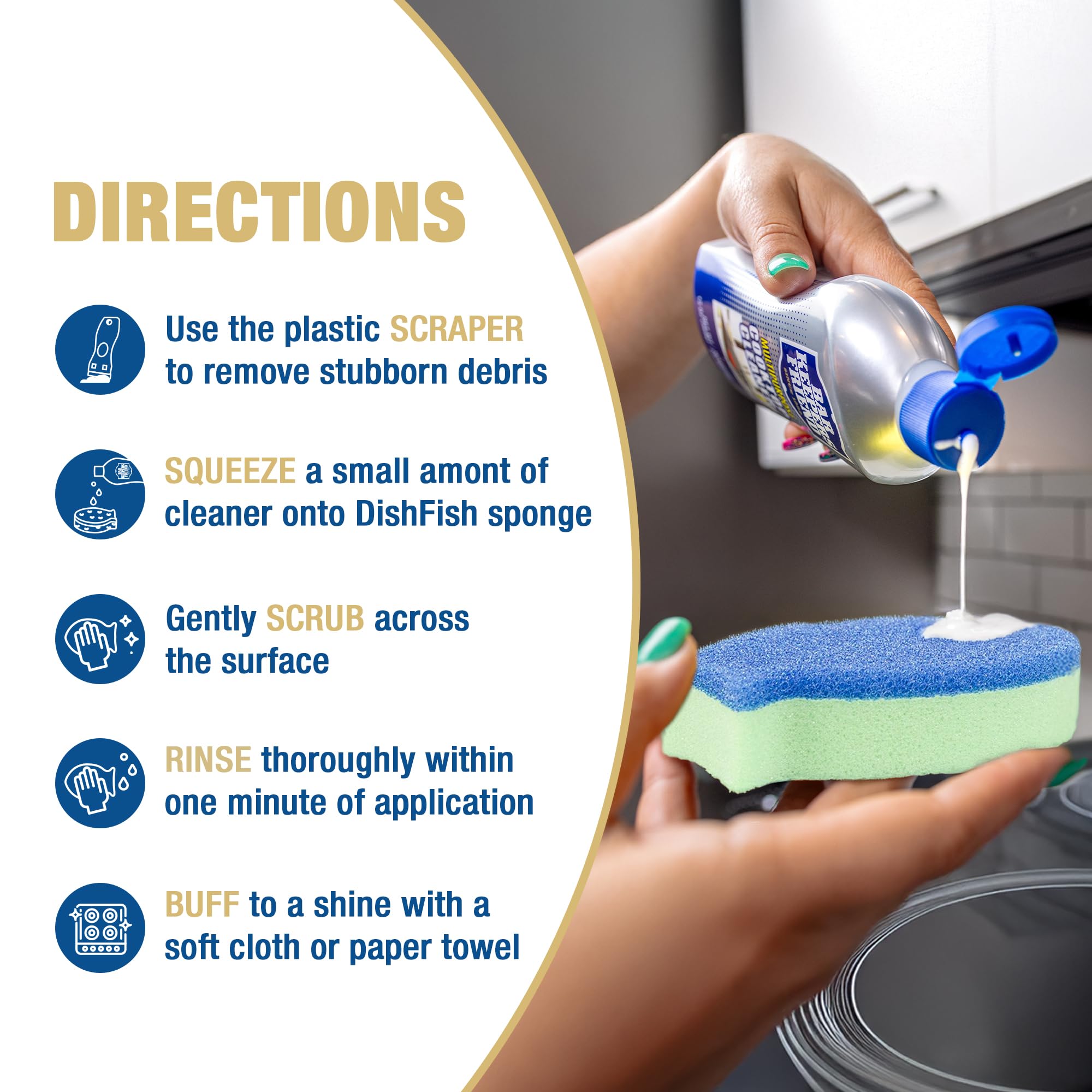Bar Keepers Friend limpiando acero inoxidable, devuelve el brillo sin opacar el acabado