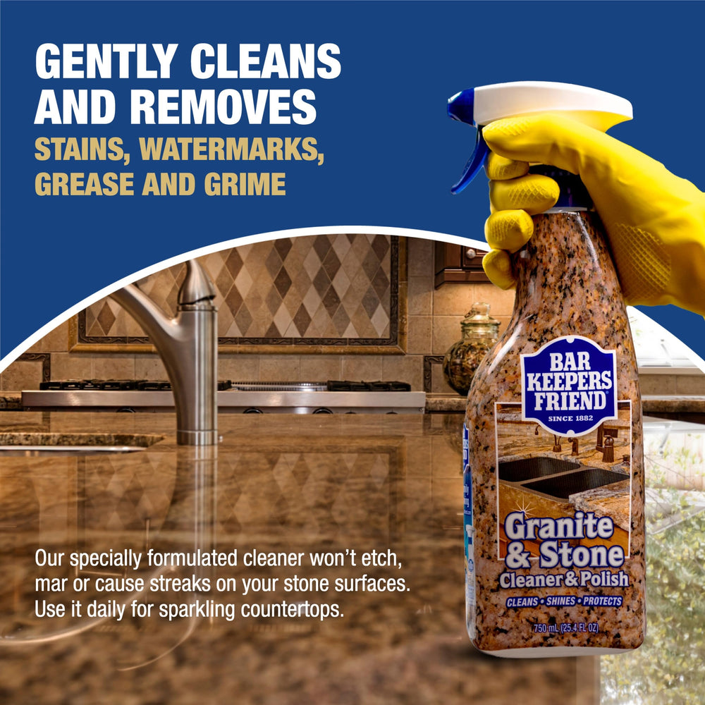 Bar Keepers Friend foam spray action on countertop removing grease benefit