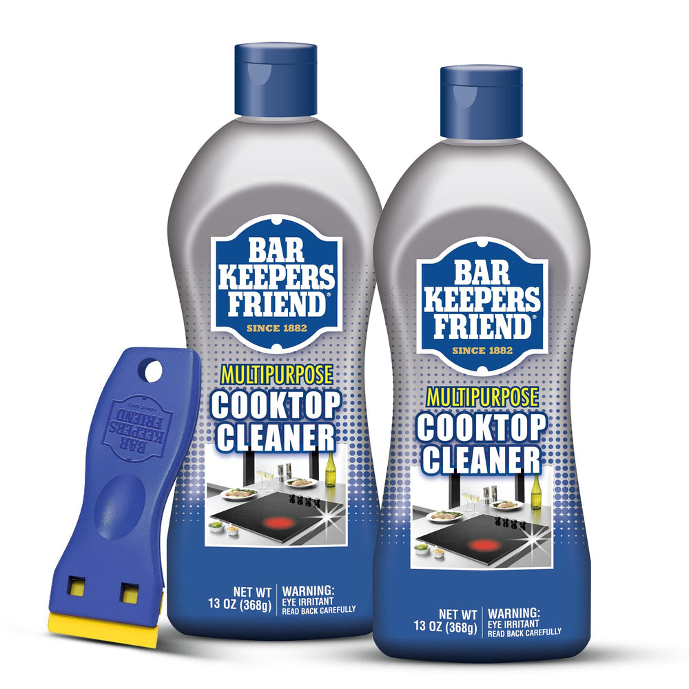 Bar Keepers Friend frontal del envase mostrando la presentación doble y raspador, limpieza eficaz
