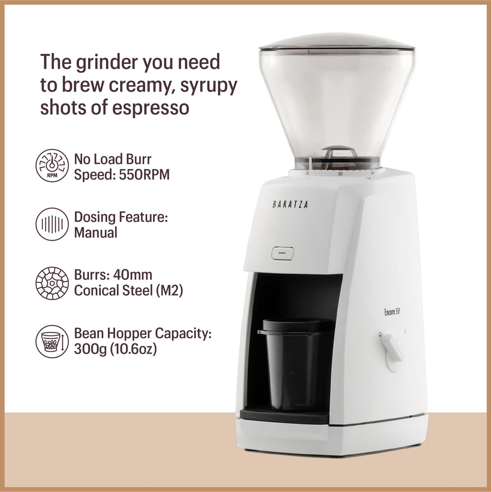Baratza Encore ESP hopper and lid highlighting easy adjustments for fresh beans