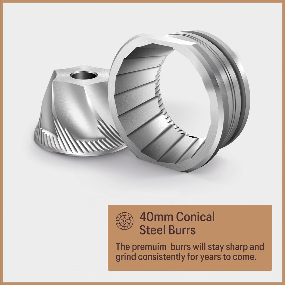 Baratza Encore ESP profile on counter illustrating space-saving footprint and stability