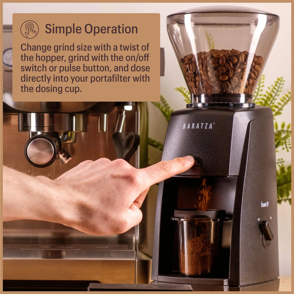 Baratza Encore ESP size comparison with mug showing real-world scale and convenience