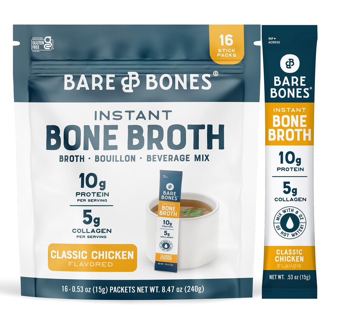 Bare Bones frente del paquete que muestra 16 sobres para conveniencia instantánea