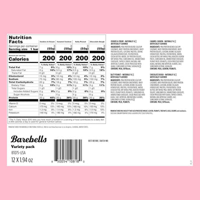 Barebells bars lined up to display Cookies Cream Caramel Cashew Salty Peanut Chocolate Dough