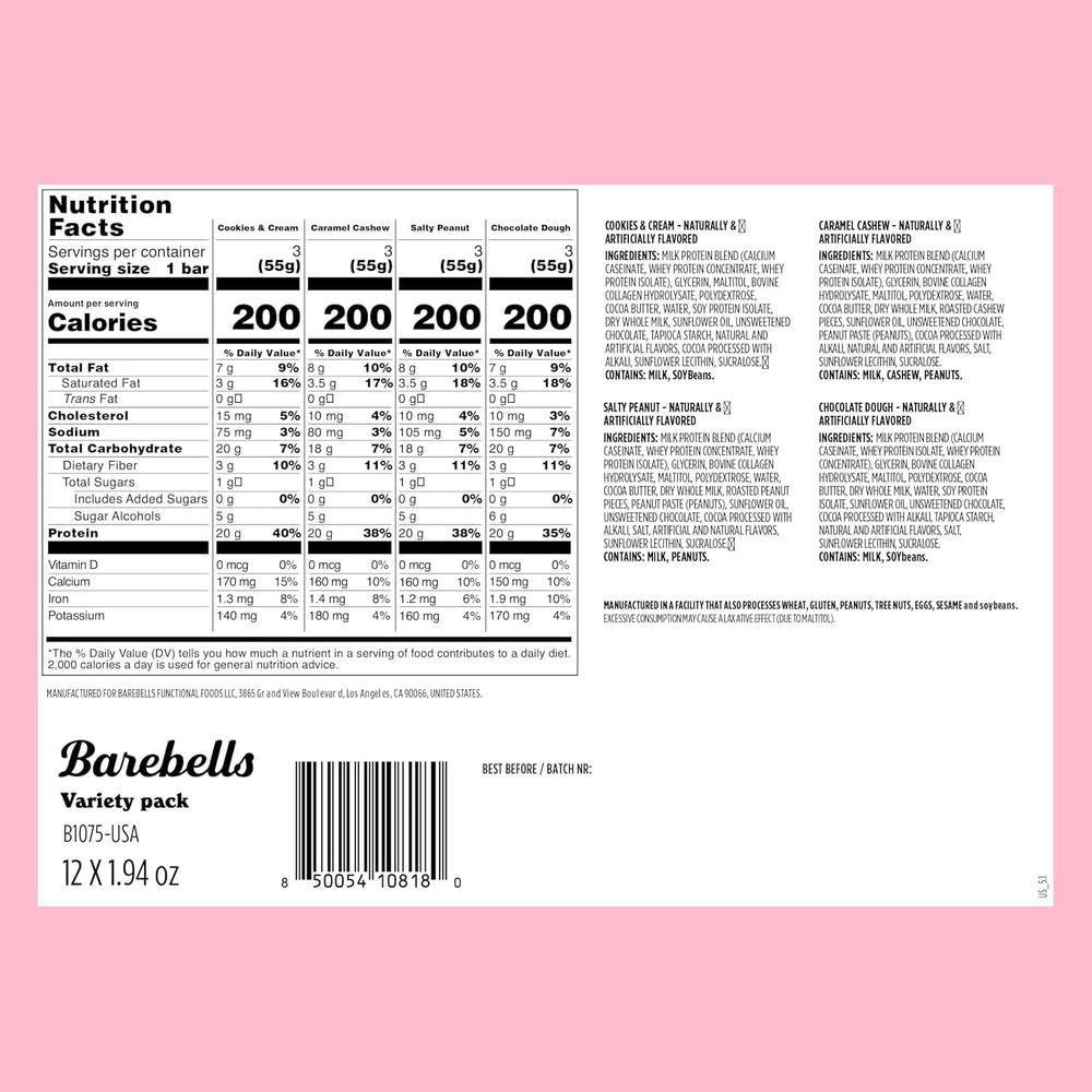 Barebells bars lined up to display Cookies Cream Caramel Cashew Salty Peanut Chocolate Dough
