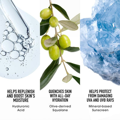 bareMinerals empaque lateral resaltando ingredientes naturales y limpieza de fórmula