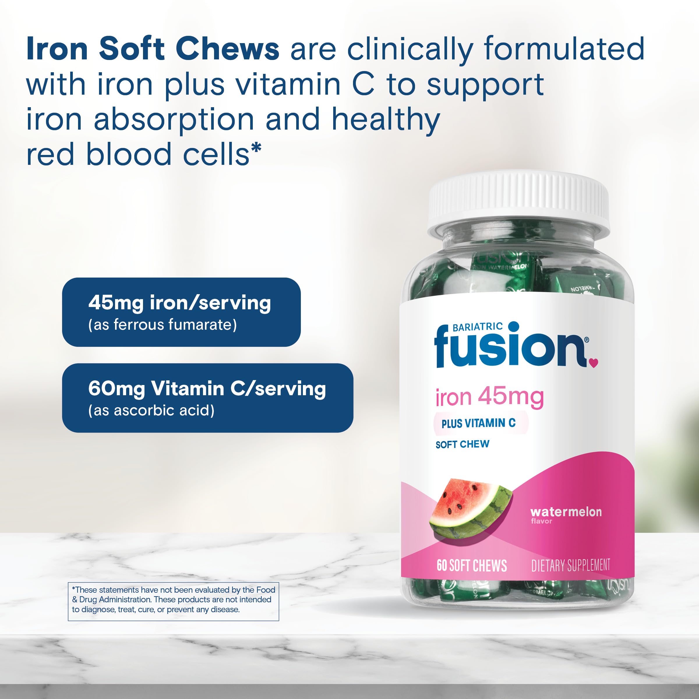 Bariatric Fusion etiqueta nutricional con información de 45 mg de ferrous fumarate