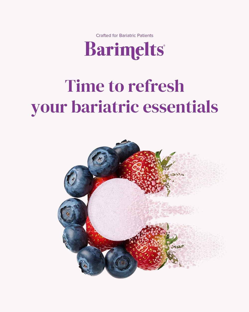 BariMelts tabletas junto a un vaso y frutas en una cocina para un uso cotidiano y estilo de vida