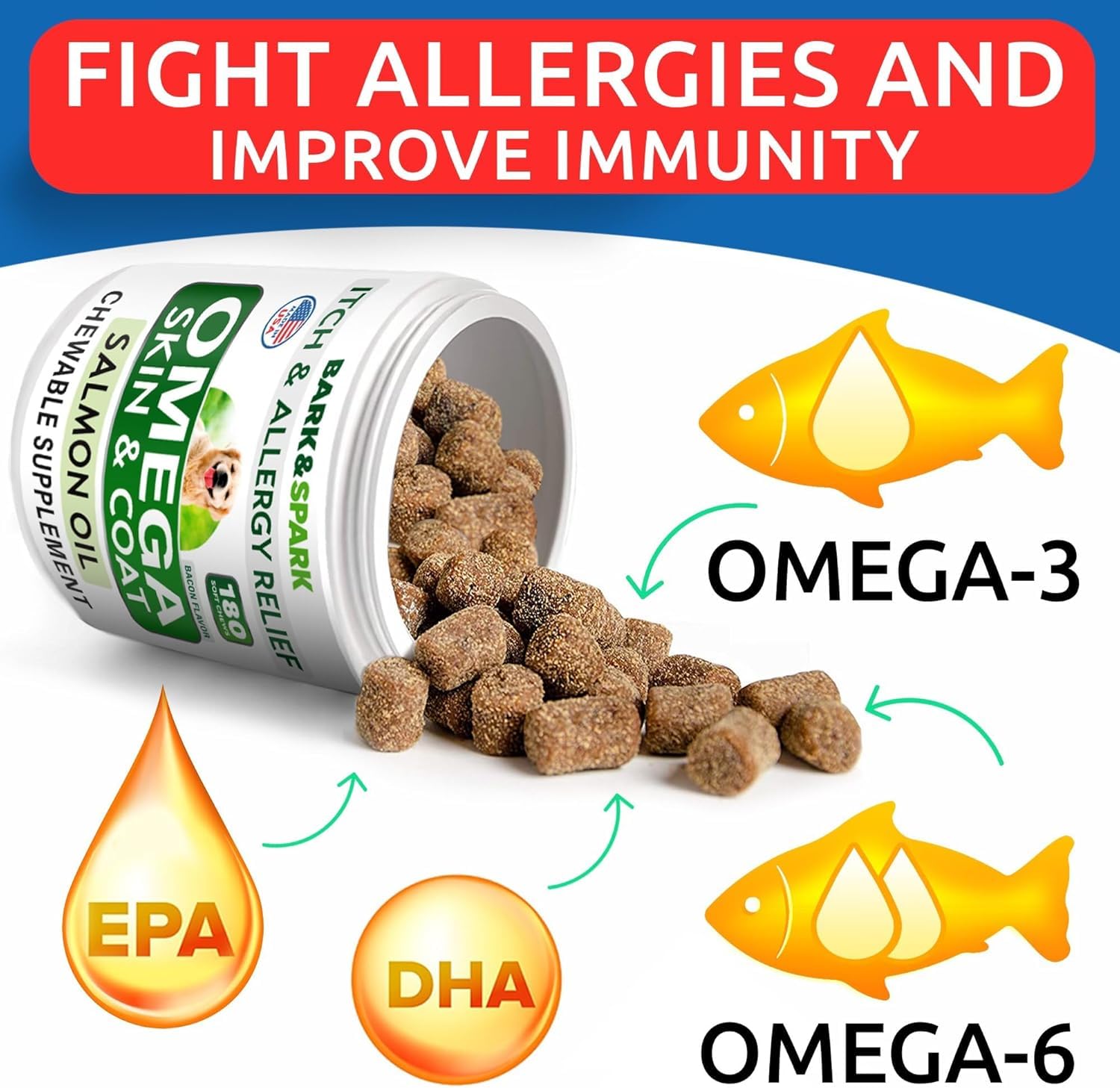 BARK&SPARK etiqueta del producto con información de omega-3 y beneficios