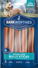 Barkworthies empaque frontal de bully sticks sin olor, muestra beneficios naturales