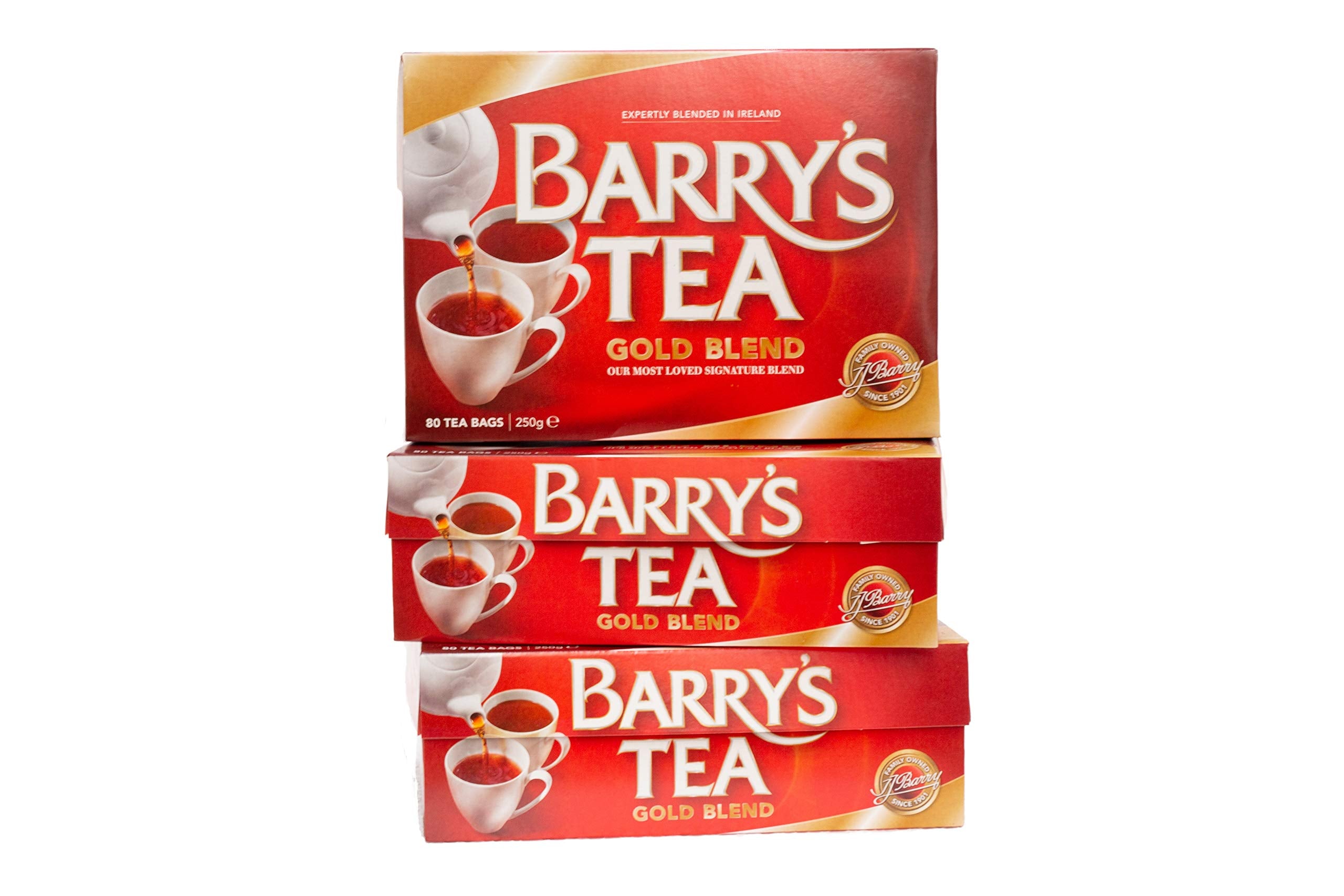 Barry's Tea empaque frontal mostrando 3 cajas y conveniencia