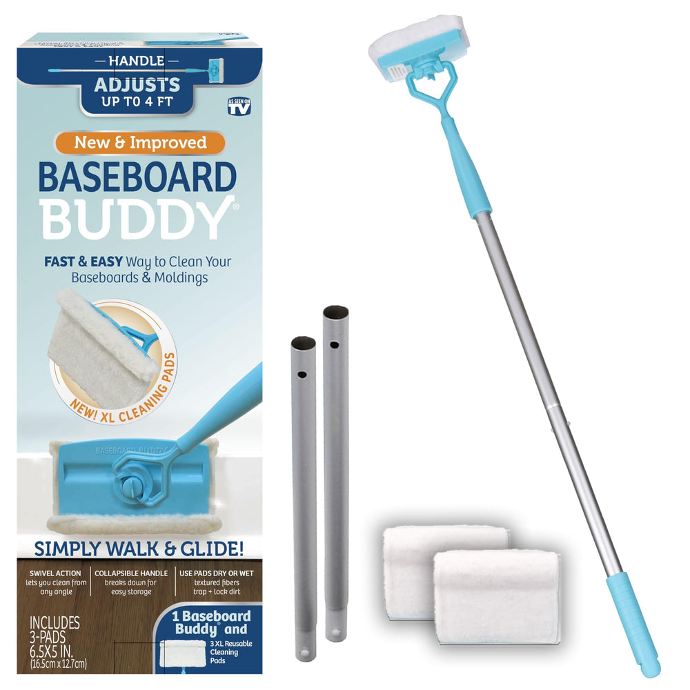 Baseboard Buddy vista frontal del producto mostrando diseño y accesorios, limpieza rápida