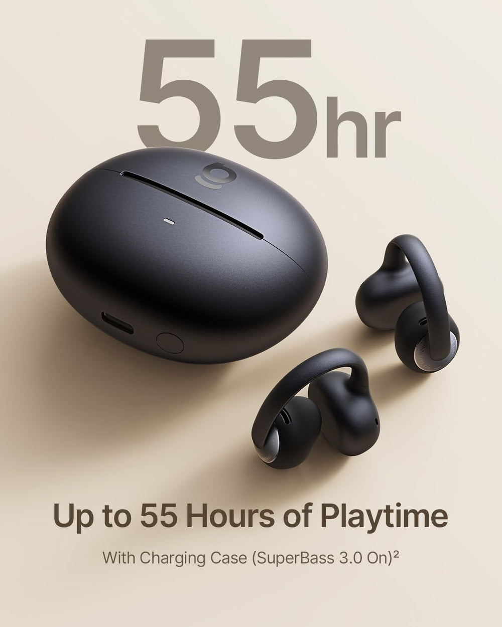Baseus charging case open showing extended 55H battery benefit