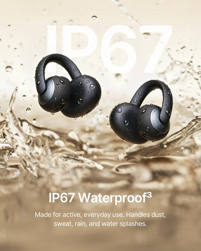 Baseus earbuds worn while running showing safety and awareness benefit