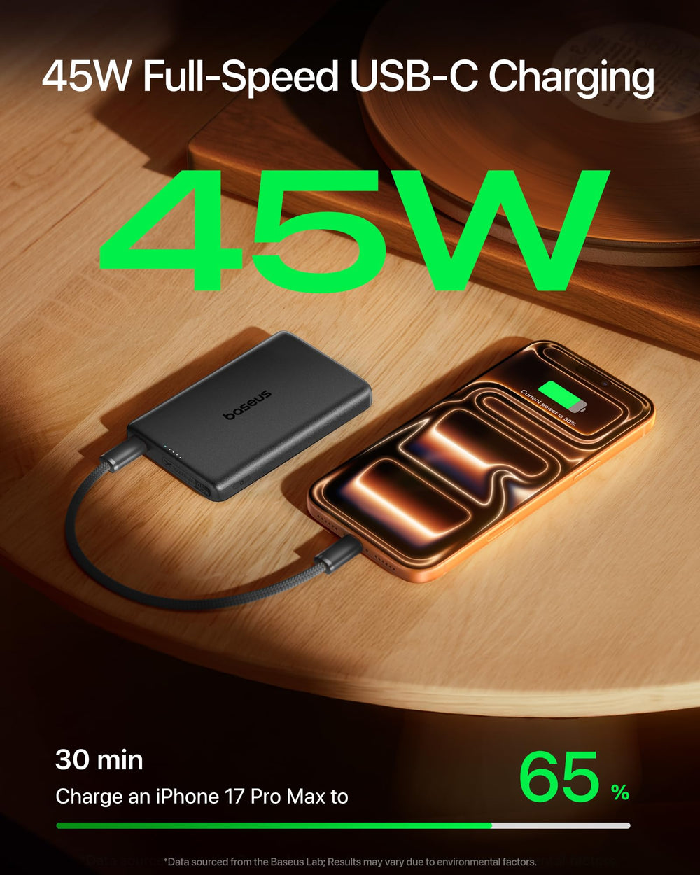 Detail of Baseus Picogo AM52 USB-C port demonstrating 45W fast wired charging convenience