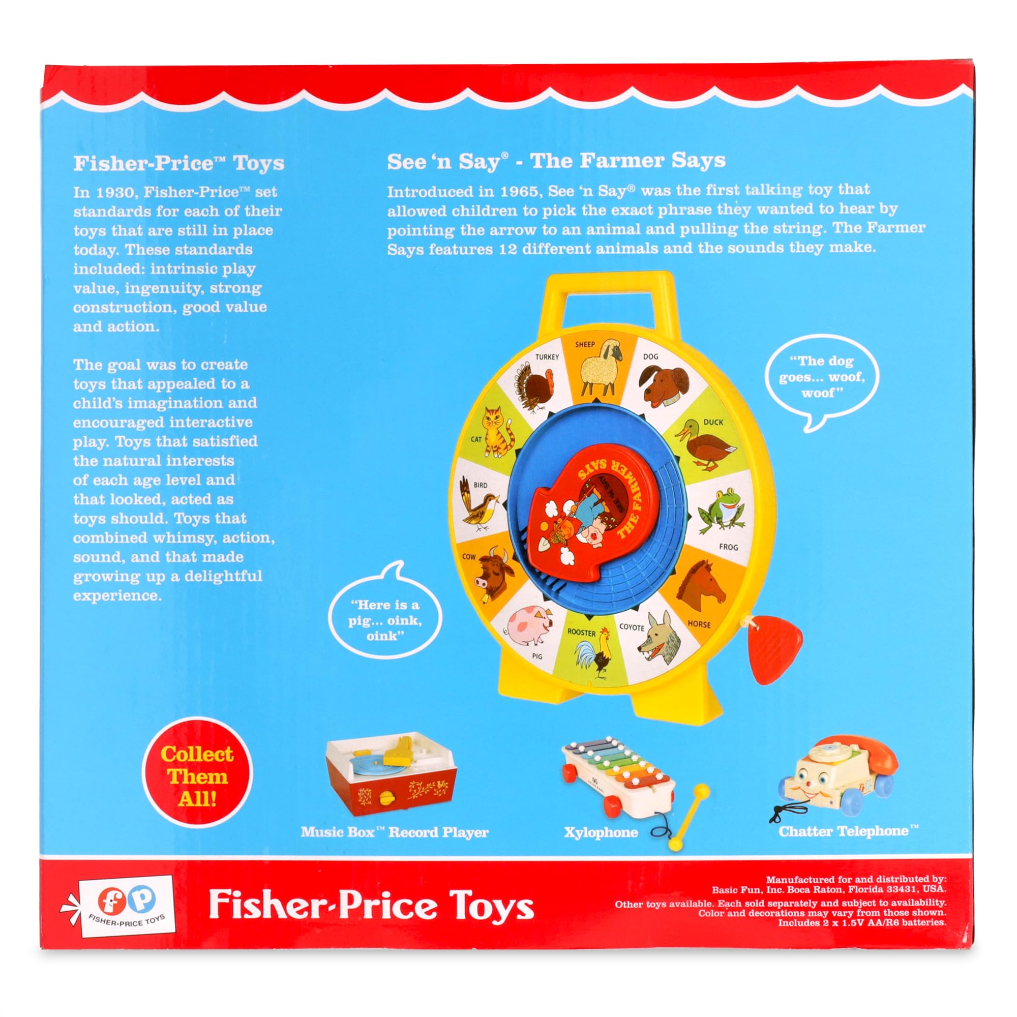Basic Fun Fisher-Price etiqueta vintage y diseño, atractivo para coleccionistas