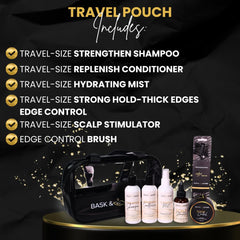 Bask & Lather productos dispuestos mostrando tamaño de viaje y variedad para rutina completa