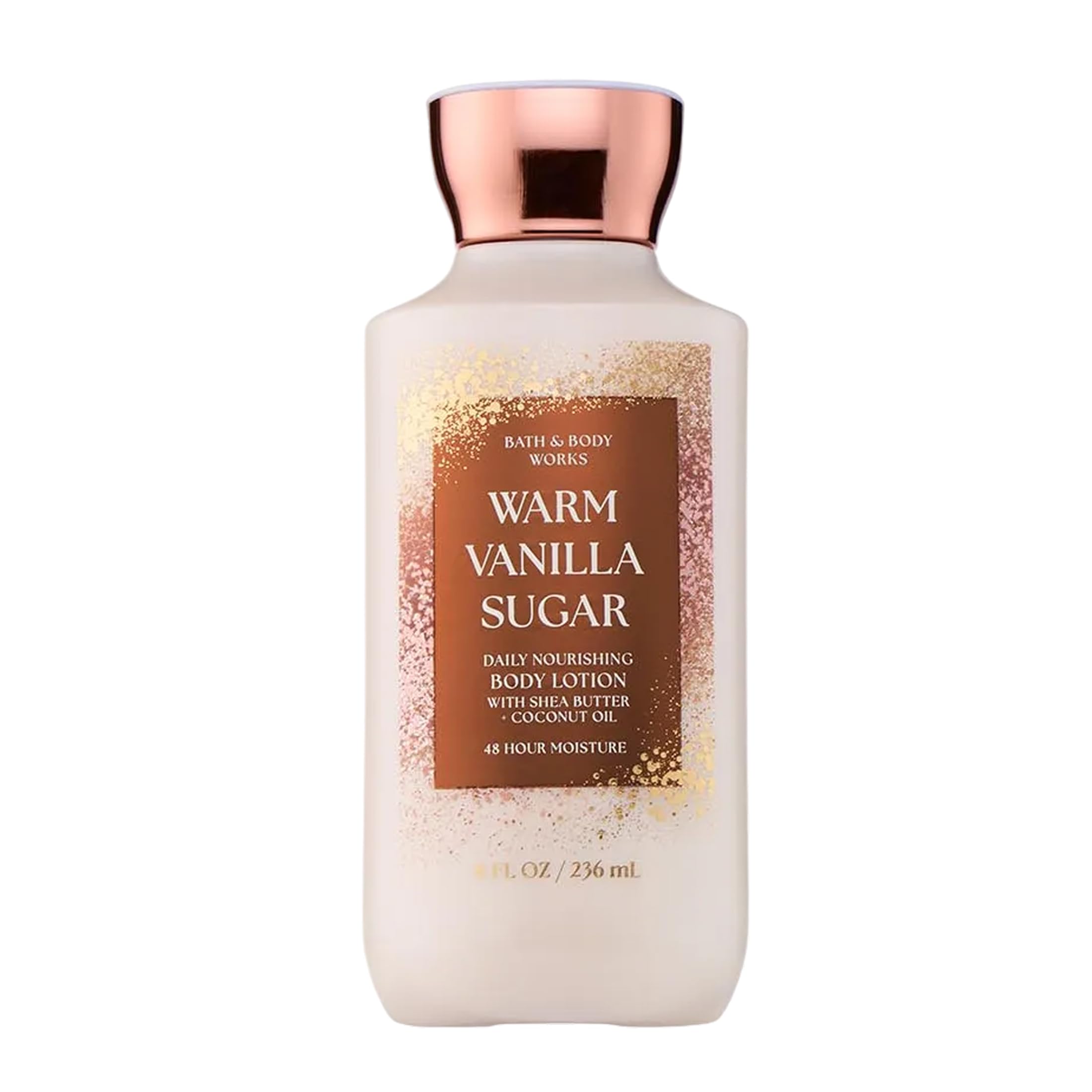 Bath & Body Works loción Warm Vanilla Sugar frente mostrando envase y beneficios