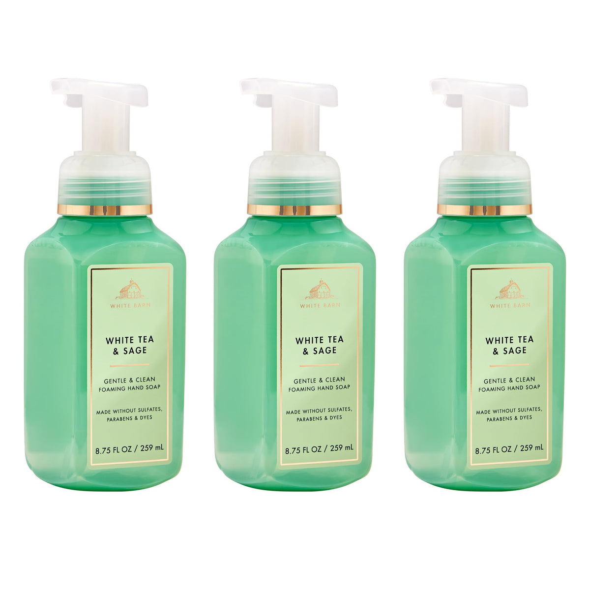 Bath & Body Works vista frontal del pack de tres con fragancia White Tea & Sage, presentación práctica