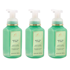 Bath & Body Works vista frontal del pack de tres con fragancia White Tea & Sage, presentación práctica