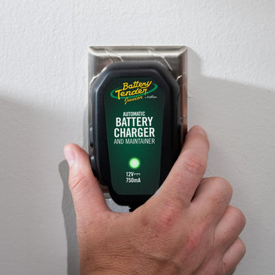 Battery Tender Junior alligator clip accessory cables connected to battery posts, convenient hookup benefit