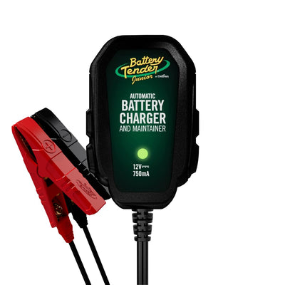 Battery Tender Junior front view showing compact charger and label, fast identification benefit